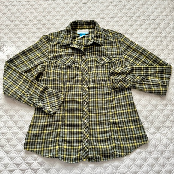 Columbia Tops - Columbia 100% Cotton Western Flannel with Metal Pearl Snaps Olive/Gold/Blue Sz M